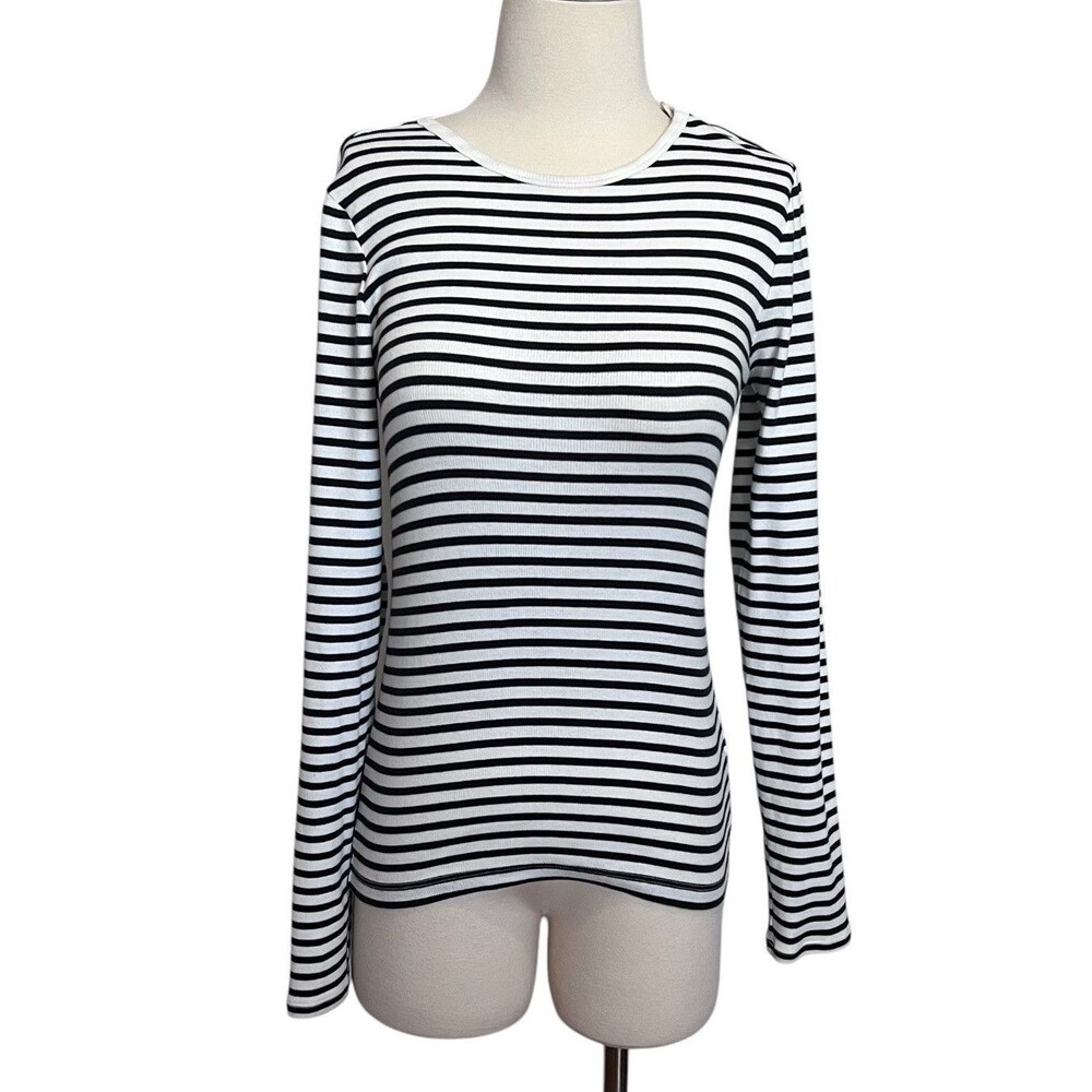 Free Assembly NWT Women's Size S Long Sleeve Rib Crew Striped Top White/Black